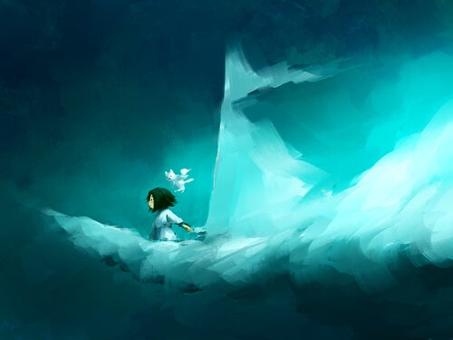 A little girl walking through clouds thinking about boundless love.