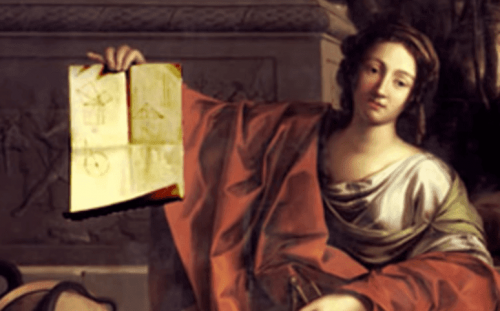 Hypatia of Alexandria holding a math book.
