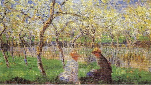 A Manet painting with two woman sitting by a river.