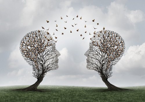 Two trees in the form of heads representing the psychology of language.