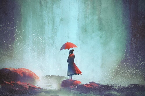 A painting of a lonely woman in a storm.