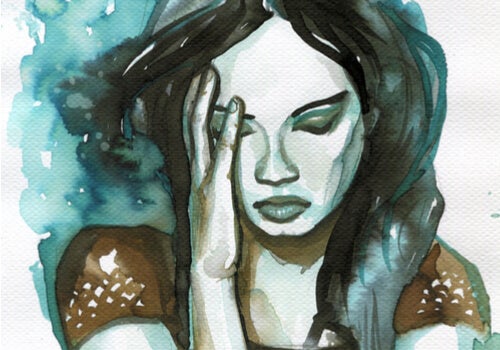 A watercolor of a concerned woman.