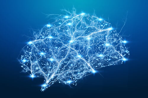 A brain illustration showing lit up neural pathways.