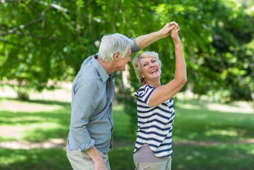 An older couple dancing.