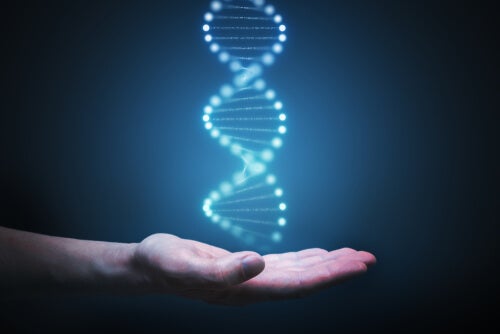 A hand with a hologram of a DNA strand hovering over it.