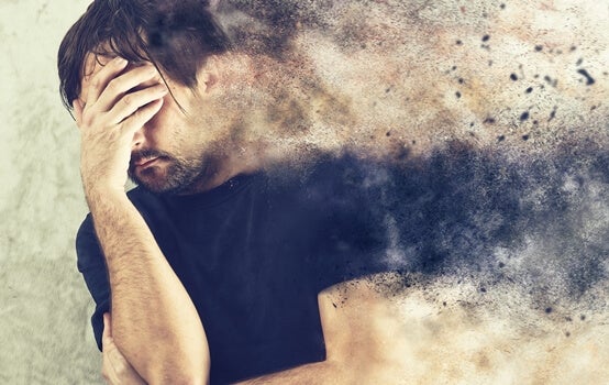 A man with philophobia disintegrating into dust.