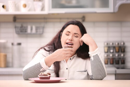 A woman eating.
