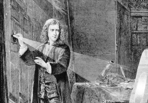 An illustration of Isaac Newton experimenting with light.
