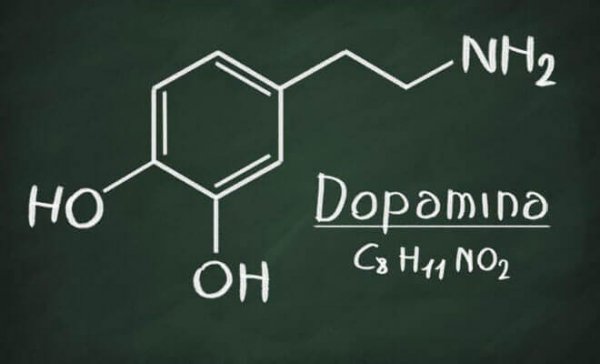 The chemical structure for dopamine shown in chalk on a blackboard.