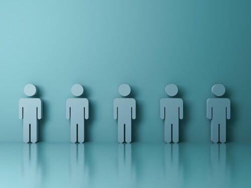 Blue stick people lined up along a blue background.