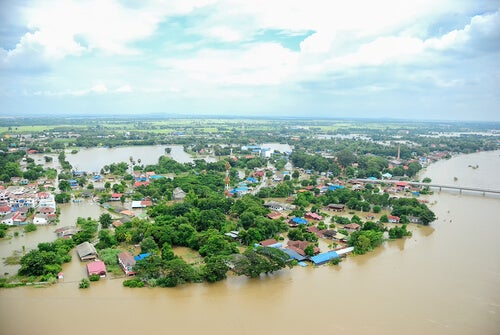 A flooded town.