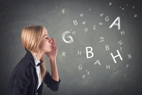 A woman surrounded by letters.