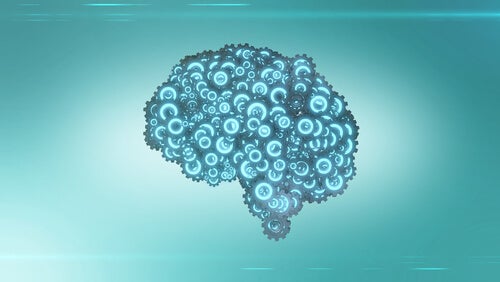 A brain made out of illuminated cogs.