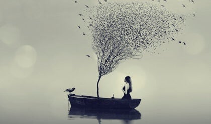 A tree growing out of a boat.