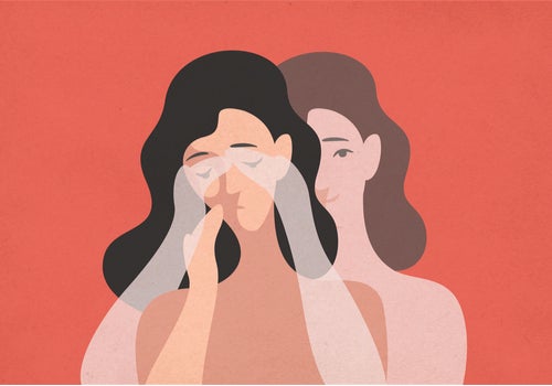 The ghost of a woman covering the eyes of her corporeal self.