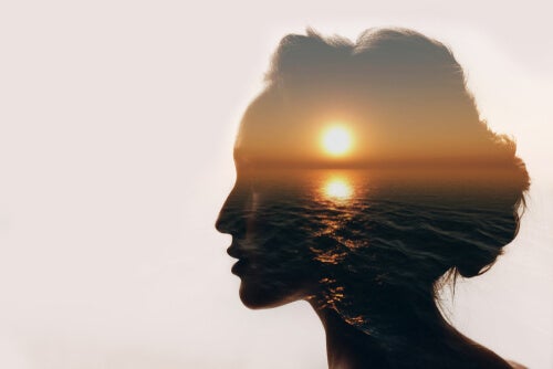 An outline of a woman's head with the sun setting within. 