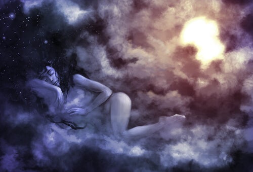 A woman sleeping on the clouds.