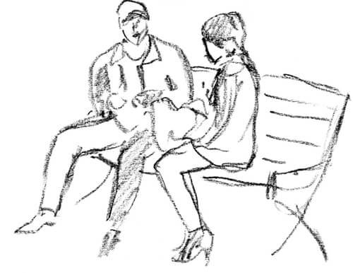 Drawing of a couple sitting on a park bench representing the psychology test for couples.