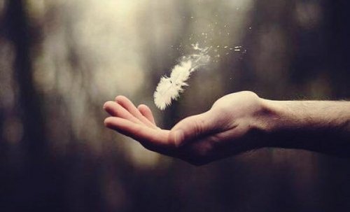 A hand with a fragile feather flying away.