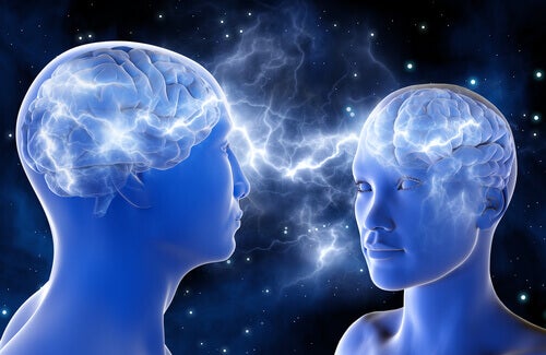 Two people connected at the brain.