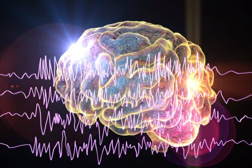 A brain with brainwaves superimposed on it.