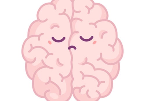 A drawing of a brain displaying pessimism with a frown.