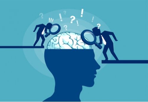 Cartoon businessmen investigating neuromyths.