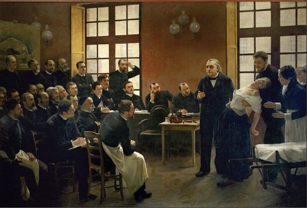 A medical class studying a woman with hysteria.