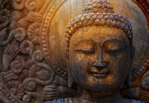 The head of a smiling Buddha.