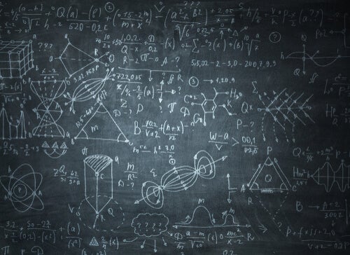 A chalkboard with equations.
