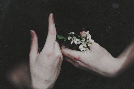 A hand holding some flowers.