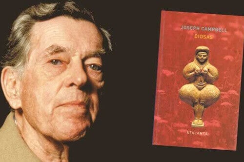 Joseph Campbell next to a picture of a book.