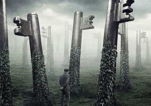 A man walking in a forest of giant keys.