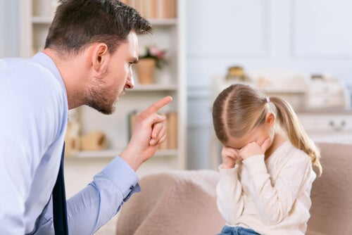 A man punishing his daughter by yelling at her. which is a type of operant conditioning.