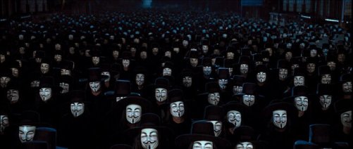 Crowd with Guy Fawkes masks.