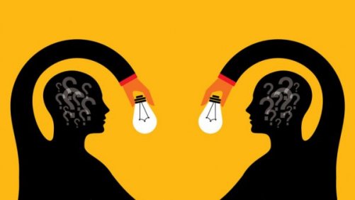 Two figures holding lightbulbs.