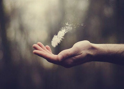 A hand with a feather about to fall into it.