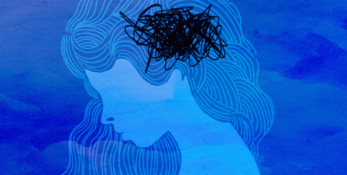 A figure of a woman's head with illustration of chaos.