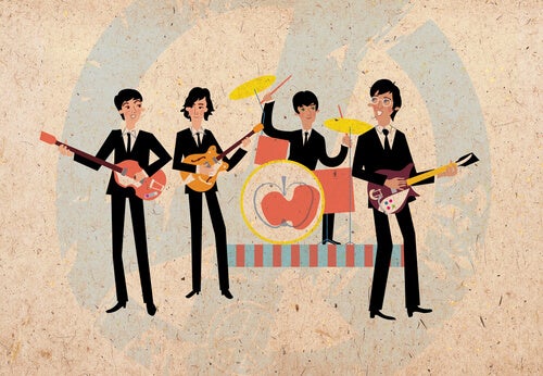 An illustration of the Beatles performing.