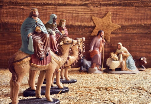 The wise men visiting baby Jesus.