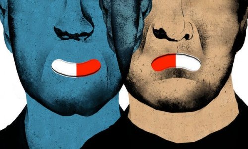Two men with pills as mouths.