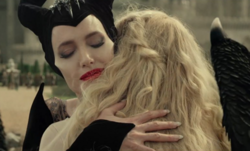 Maleficent and Aurora embracing as they think of anxiety as an ally.