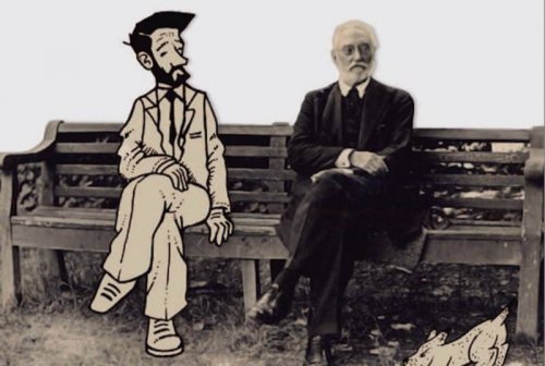 Unamuno seated next to his character in Mist or Nivola.