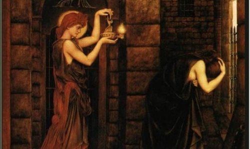 A painting of a person finding another with her head in her hands.