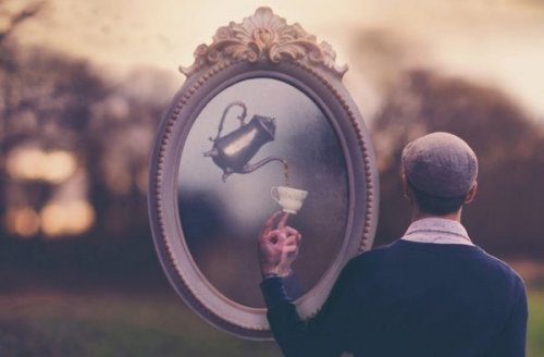 A surreal picture of a man being served tea from a mirror.