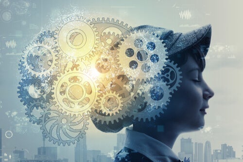 A little boy with cogs superimposed over his head.