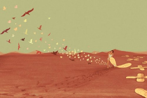 A woman ripping off a bandaid from the floor and letting butterflies out.