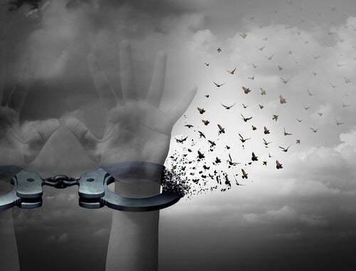 A pair of hands trying to break free.