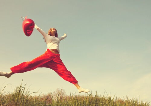 A woman jumping.