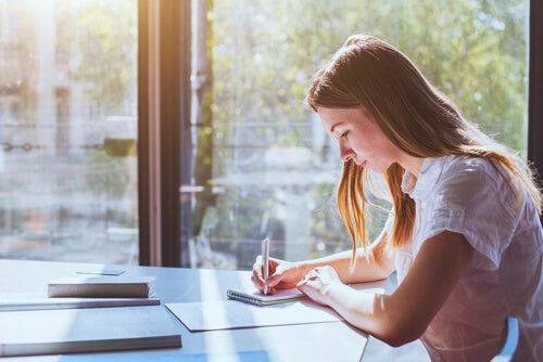 A woman studying.